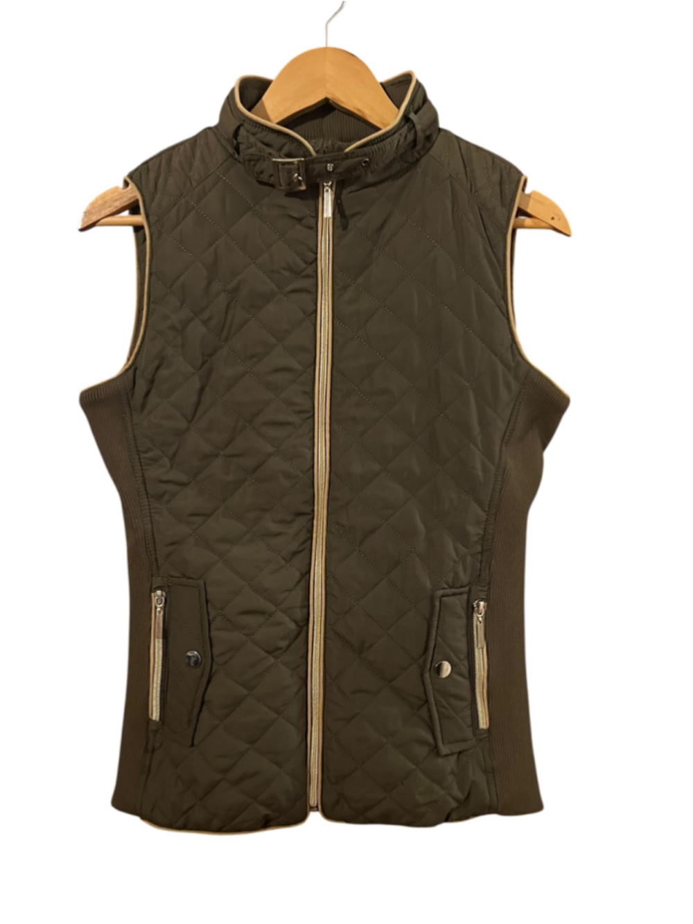 Olive Green Quilted Puffer Vest Faux Fur Lined Zip Front XS